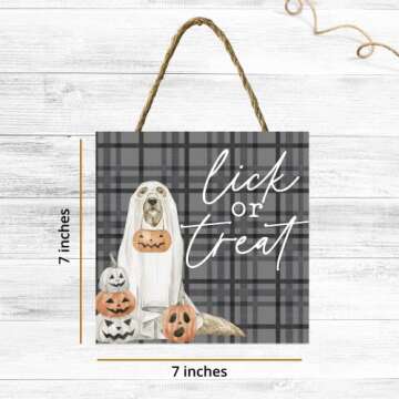 Lick or Treat Halloween Sign for Home Pumpkin Funny Trick or Treat Decorative String Sign Dog Lover Hanging Sign Rustic Plaque Door Hanger Front Porch Garden Kitchen Bathroom Farmhouse Wall Sign