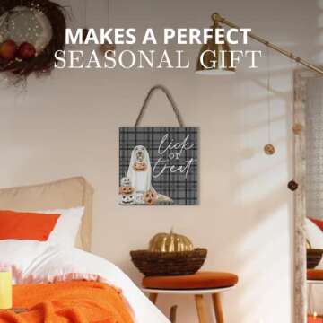 Lick or Treat Halloween Sign for Home Pumpkin Funny Trick or Treat Decorative String Sign Dog Lover Hanging Sign Rustic Plaque Door Hanger Front Porch Garden Kitchen Bathroom Farmhouse Wall Sign