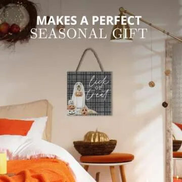 Lick or Treat Halloween Sign for Home Pumpkin Funny Trick or Treat Decorative String Sign Dog Lover Hanging Sign Rustic Plaque Door Hanger Front Porch Garden Kitchen Bathroom Farmhouse Wall Sign