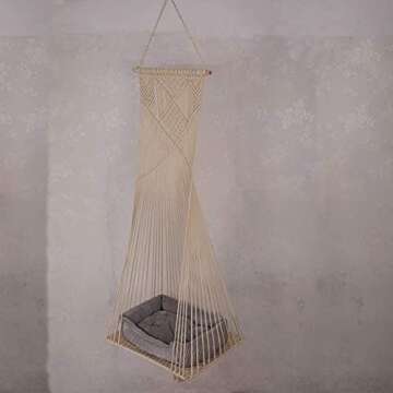 Sdjazl Cat Bed Cat Hammock Macrame Cat Swing Bed Cat Cage Cotton Rope Hanging Cat House Cats Toy Tassel Basket Tapestry (Beige, Swing Bed+Cushion)