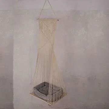 Sdjazl Cat Bed Cat Hammock Macrame Cat Swing Bed Cat Cage Cotton Rope Hanging Cat House Cats Toy Tassel Basket Tapestry (Beige, Swing Bed+Cushion)