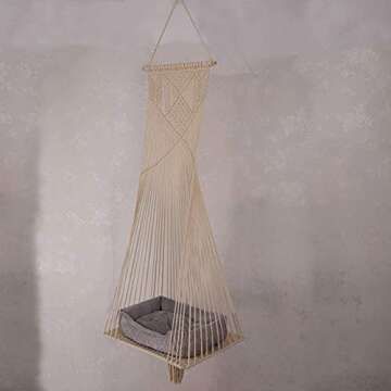 Sdjazl Cat Bed Cat Hammock Macrame Cat Swing Bed Cat Cage Cotton Rope Hanging Cat House Cats Toy Tassel Basket Tapestry (Beige, Swing Bed+Cushion)