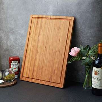 Bamboo Wood Cutting Board for Kitchen, 18" Large Cheese Charcuterie Chopping Block with Side Handles and Juice Grooves