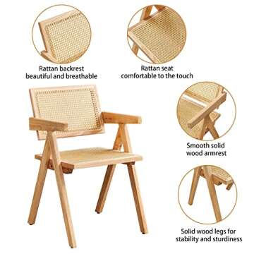 Way2Furn Rattan Chair Set of 2, Mid Century Modern Chair for Kitchen, Cane Dining Chair with Cane Back & Wood Base, Dining Room, Study Room, Living Room, Yard, B&B, Teahouse, Hotel, Natural