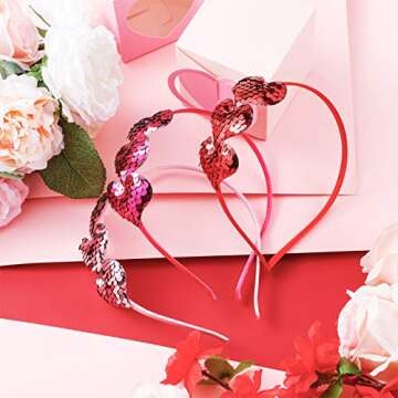 Chuangdi 3 Pcs Valentine's Day Glitter Heart Headband Heart Shaped Sequin Headband Elastic Love Heart Hair Band for Wedding (Pink, Rose Red, Red)