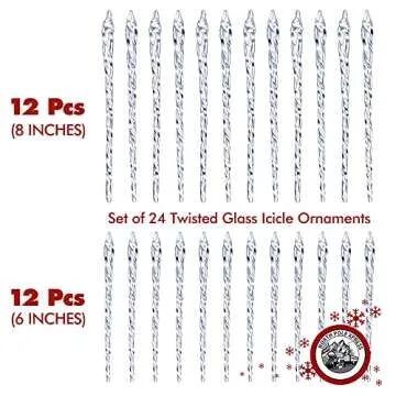 Twisted Clear Glass Icicle Christmas Ornaments Set of 24