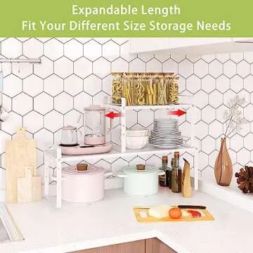 Across-Star Expandable Cabinet Shelf Organizer Rack, Stackable Kitchen Counter Storage Shelves Stand, Adjustable Height Pantry Shelf Spice Rack (White, 2 Pack)