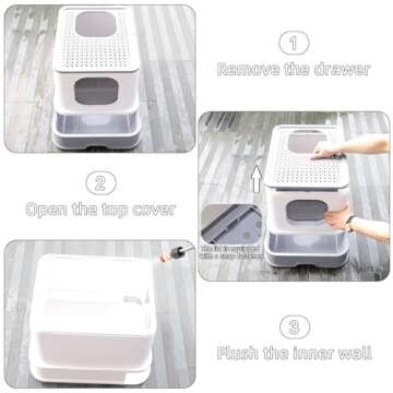 RIZZARI Millions Sold Wordwide Cat Litter Box, Large Top Entry Anti-Splashing Litter Box with Lid, Enclosed Plastic Cat Litter Box with Handy Litter Scoop, Drawer Type Cat Toilet (Pearl White)