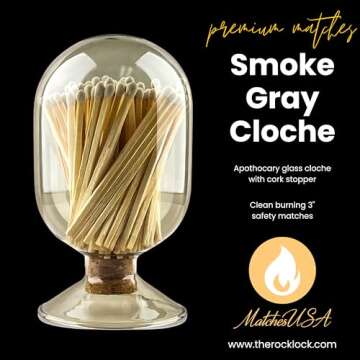 Smoke Gray Glass Matches Cloche | Includes Color Matches & Striker Strip!!! | Grey Tinted Decorative Match Holder Jar for Candles Set Display (White Matches)