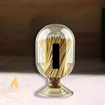 Smoke Gray Glass Matches Cloche | Includes Color Matches & Striker Strip!!! | Grey Tinted Decorative Match Holder Jar for Candles Set Display (White Matches)