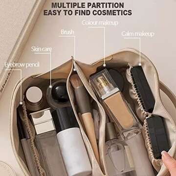 LAYSAM Large-Capacity Travel Leather Makeup Bag Cosmetic Bag Waterproof Portable Makeup Case Organizer Toiletry Bag Makeup Box for Skincare Cosmetics Toiletries with Handle and Divider White