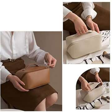 LAYSAM Large-Capacity Travel Leather Makeup Bag Cosmetic Bag Waterproof Portable Makeup Case Organizer Toiletry Bag Makeup Box for Skincare Cosmetics Toiletries with Handle and Divider White