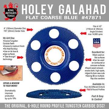 King Arthur's Tools Patented Flat Coarse Blue Holey Galahad Tungsten Carbide Disc for Woodworking, Shaping, and Smoothing - 7/8” Bore, Fits Most Standard 4 1/2", 115-125mm Angle Grinders #47871 FCB
