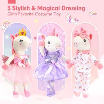 Unicorns Toys for Girls Age 4-6 - Ballerina Doll Stuffed Animal Toys for Girls 3-5, Ballet Dress up Doll, 3 Set Clothes and Accessories with Plush Bag, 3 4 5 Year Old Girl Gifts Easter Basket Stuffers