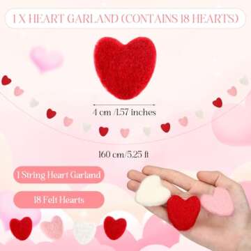 Breling Valentine's Day Felt Heart Garland Banner 5.25 Feet Long String of Hearts Garland 18 Handmade Valentines Decorations for Gothic Bridal Shower Party Wedding Wall Decors(Red, Pink, White)