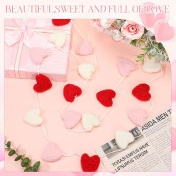 Breling Valentine's Day Felt Heart Garland Banner 5.25 Feet Long String of Hearts Garland 18 Handmade Valentines Decorations for Gothic Bridal Shower Party Wedding Wall Decors(Red, Pink, White)