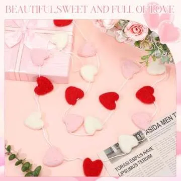 Breling Valentine's Day Felt Heart Garland Banner 5.25 Feet Long String of Hearts Garland 18 Handmade Valentines Decorations for Gothic Bridal Shower Party Wedding Wall Decors(Red, Pink, White)