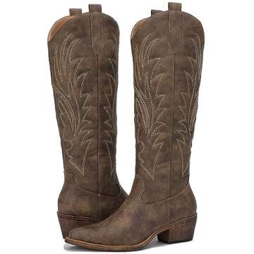 GLOBALWIN Women's Brown Cowboy Boots for Women Knee High Boots Western Embroidered Cowgirl Boots 8.5M