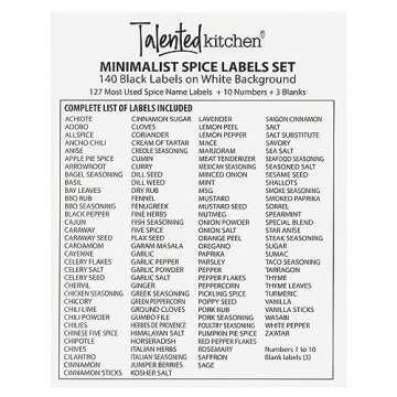 Talented Kitchen 140 Minimalist Spice Jar Labels - Preprinted Waterproof Organization Stickers - Black Text Seasoning Labels for Spice Jars