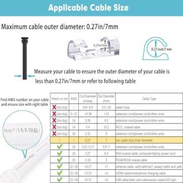 Self-Adhesive Cable Clips Organizer Drop Wire Holder Cord Management, Max Fitting Cable Diameter 0.27 inch, Pack of 20, Transparent