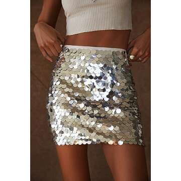 Women Sequin Skirt Sexy Sparkly Bodycon Skirt Glitter A Line Mini Skirt Party Clubwear Sliver M