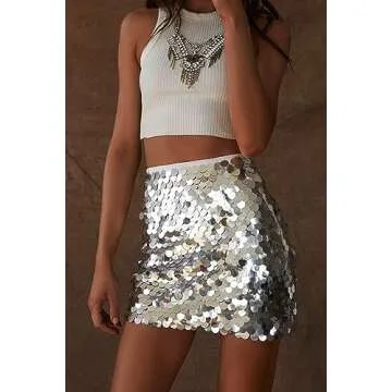 Women Sequin Skirt Sexy Sparkly Bodycon Skirt Glitter A Line Mini Skirt Party Clubwear Sliver M