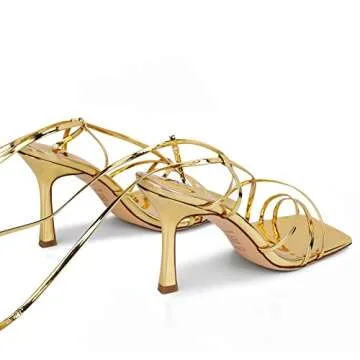ISNOM Lace up Heels - Gold Strappy Tie up Square Toe Stripper Gladiator Wrap up Stiletto Sandals