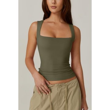 QINSEN Women's Tank Tops Sexy Sleeveless Crop Tops Square Neck Double Layer Fitness Basic Shirts Army Green M