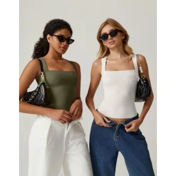 QINSEN Women's Tank Tops Sexy Sleeveless Crop Tops Square Neck Double Layer Fitness Basic Shirts Army Green M