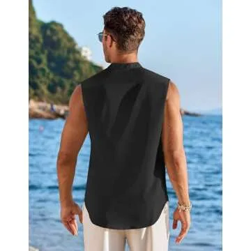 COOFANDY Black Mens Sleeveless Dress Shirt Summer Beach Tank Tops Button Down Shirts Band Collar