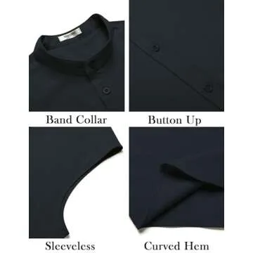 COOFANDY Black Mens Sleeveless Dress Shirt Summer Beach Tank Tops Button Down Shirts Band Collar