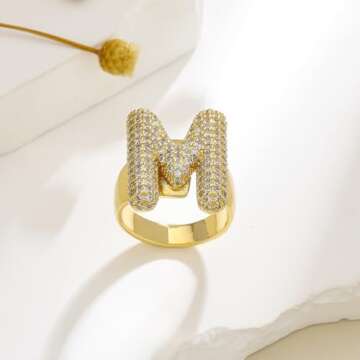 Fullrainbow Gold initial rings for women chunky gold rings bubble A-Z initial ring adjustable rings for women Zircon open letter ring (Gold Bubble Letter Ring-M)