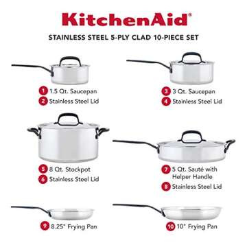KitchenAid 5-Ply Clad Stainless Steel Cookware Pots and Pans Set, 10 Piece, Polished Stainless