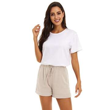 KINGFEN Womens Shorts Casual Lounge Cotton for Summer Mid Rise Elastic Waist Linen Beach Pull On Comfy Drawstring Stretchy Short with Pockets Beige Small