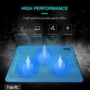 Havit HV-F2056 15.6-17 Inch Laptop Cooler Cooling Pad - Slim Portable USB Powered (3 Fans) (Blue)