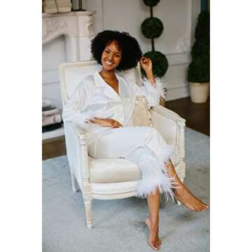 Belle's Design Feather Bridal Pajamas - Satin Silk Pants and Long Sleeve Feather Trim, Wedding, Bachelorette Party Sleepwear (US, Alpha, One Size, Regular, Regular, S/M, White)