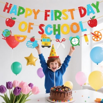 Shzbtdo Pre-Strung Happy First Day of School Banner, Glitter First Day of Kindergarten Decorations f...