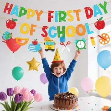 Shzbtdo Pre-Strung Happy First Day of School Banner, Glitter First Day of Kindergarten Decorations f...
