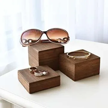 MOOCA Customizable Wooden Display Risers Set - 3 Different Height Stands for Jewelry, Watches, Cosmetics, and Accessory, Brown Color
