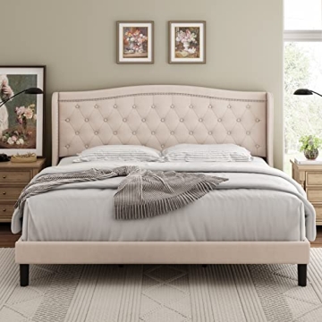 HOSTACK King Size Bed Frame, Modern Upholstered Platform Bed with Wingback Headboard, Heavy Duty But...