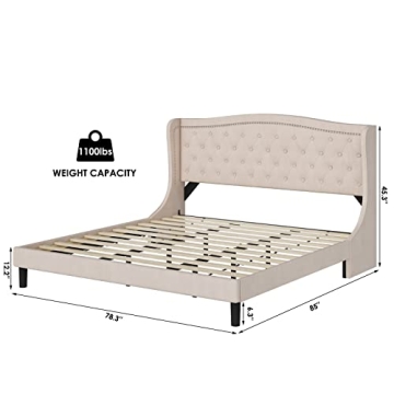 Sturdy Modern Upholstered King Bed Frame with Headboard