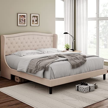 Sturdy Modern Upholstered King Bed Frame with Headboard