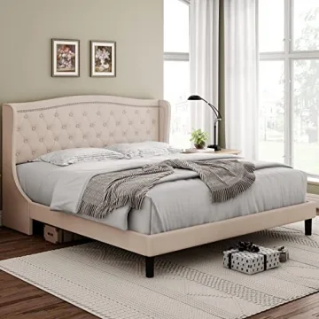 Sturdy Modern Upholstered King Bed Frame with Headboard