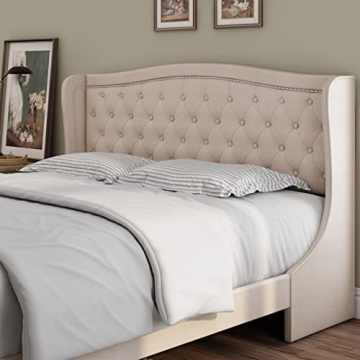Sturdy Modern Upholstered King Bed Frame with Headboard