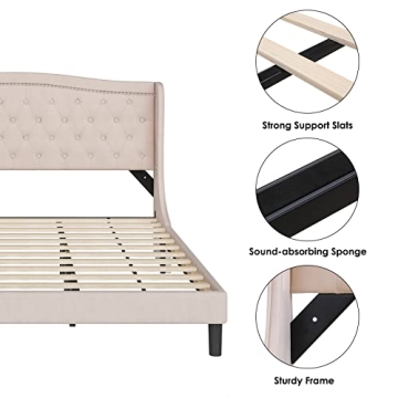Sturdy Modern Upholstered King Bed Frame with Headboard