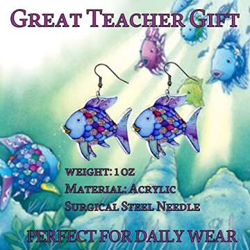 Rainbow Fish Earrings for Teachers, Educators, Librarians and more. Super cute Rainbow Fish Book Earrings for Women. Great Pair of Teacher Earrings for Back to School, Book Fairs, Reading Events and