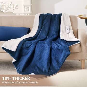 CAROMIO Electric Blanket Full Size 72" x 84", Thick Flannel & Sherpa Heated Blanket Full with 5 Heating Levels & 4 Hours Auto Off, ETL Certified Fast Heating Blanket with Overheating Protection, Blue