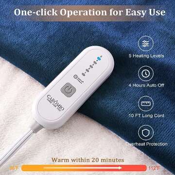 CAROMIO Electric Blanket Full Size 72" x 84", Thick Flannel & Sherpa Heated Blanket Full with 5 Heating Levels & 4 Hours Auto Off, ETL Certified Fast Heating Blanket with Overheating Protection, Blue