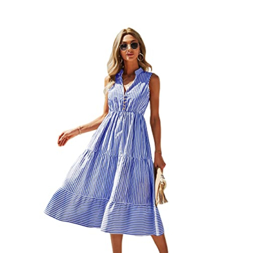 Floerns Women's Striped Print Notched Neck Sleeveless Ruffle A Line Midi Dress