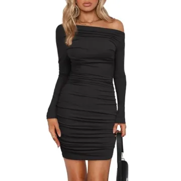 Trendy Off Shoulder Ruched Bodycon Dress for Women